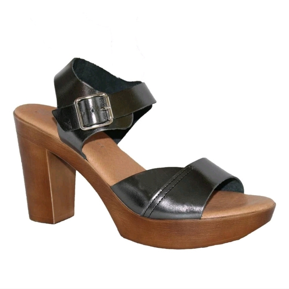 ERIC MICHAEL MAYA Women's Pewter Leather Sandal 3.5-inch Heel with Strap SZ 40